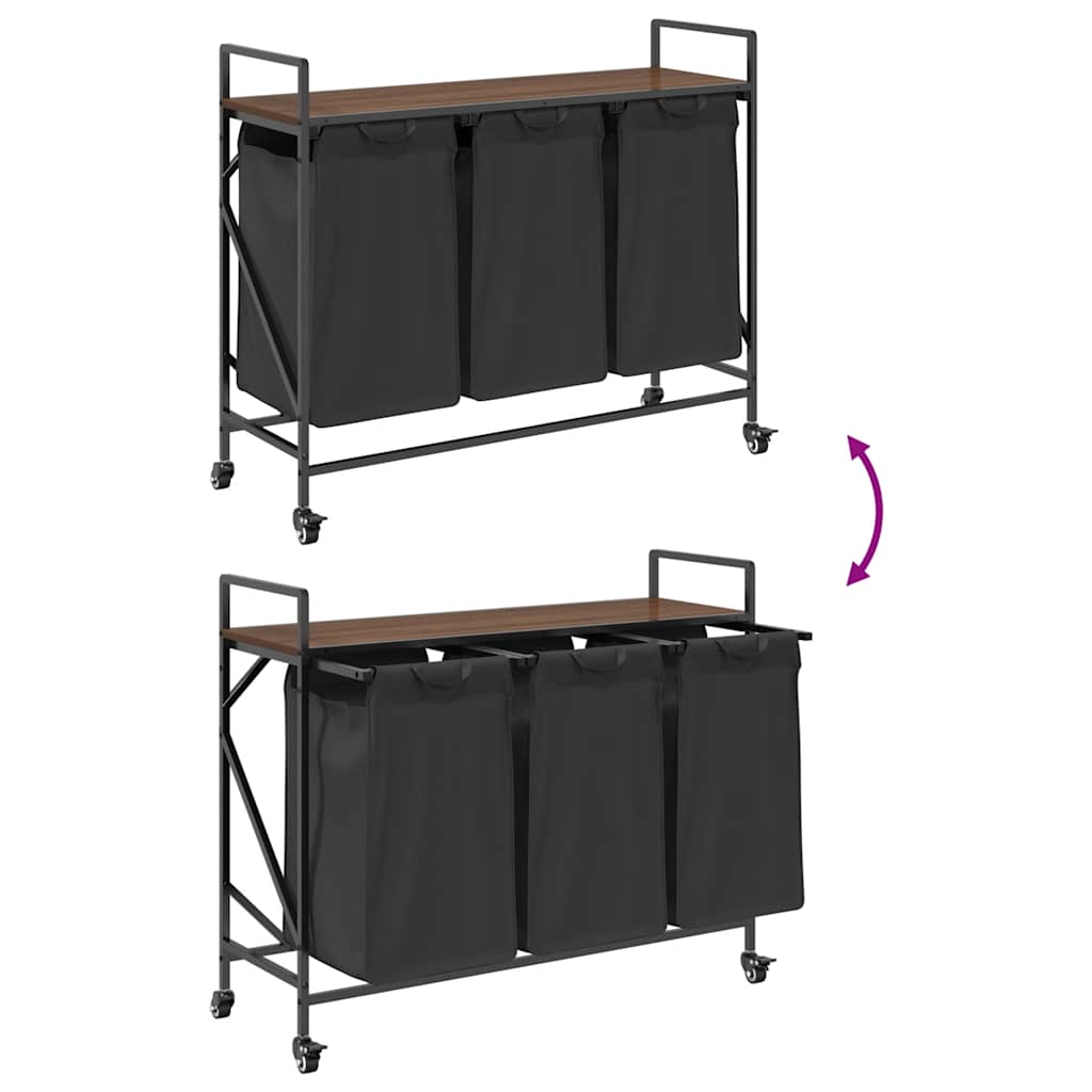 Laundry Basket with 3 Compartments and Wheels, Brown Oak
