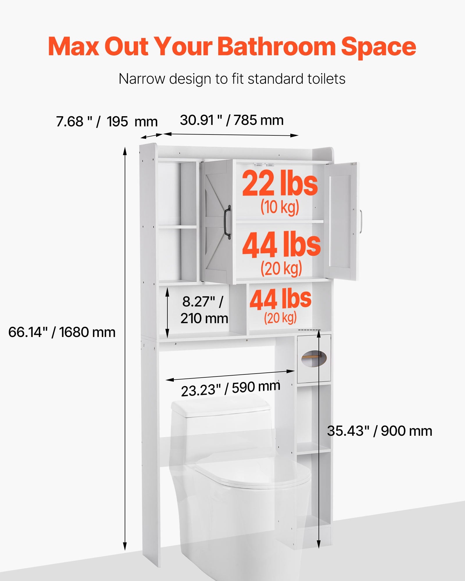 Over The Toilet Storage Cabinet, 66.14 In Height Bathroom Storage Organizer With Double Door And Adjustable Shelf, Bathroom Space Saver Organizer Above Toilet With Open Shelf, White