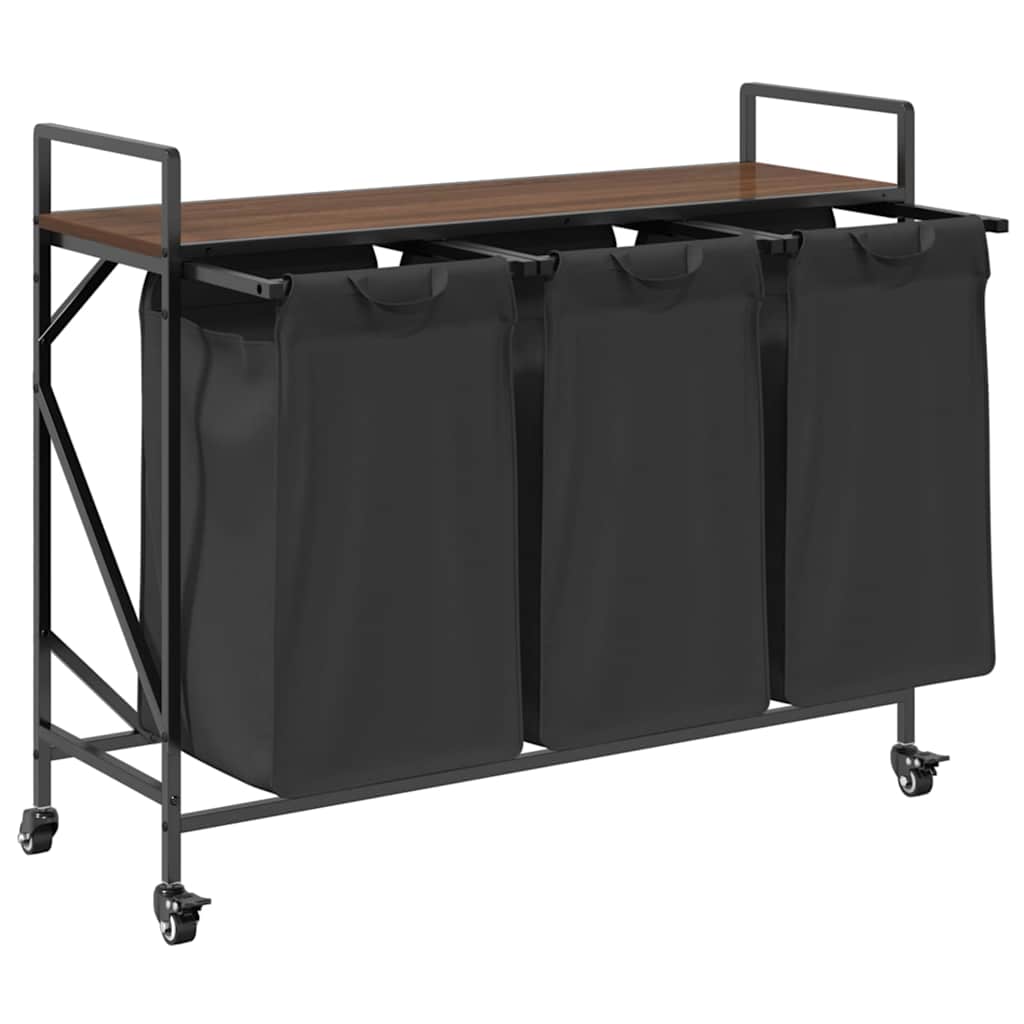Laundry Basket with 3 Compartments and Wheels, Brown Oak