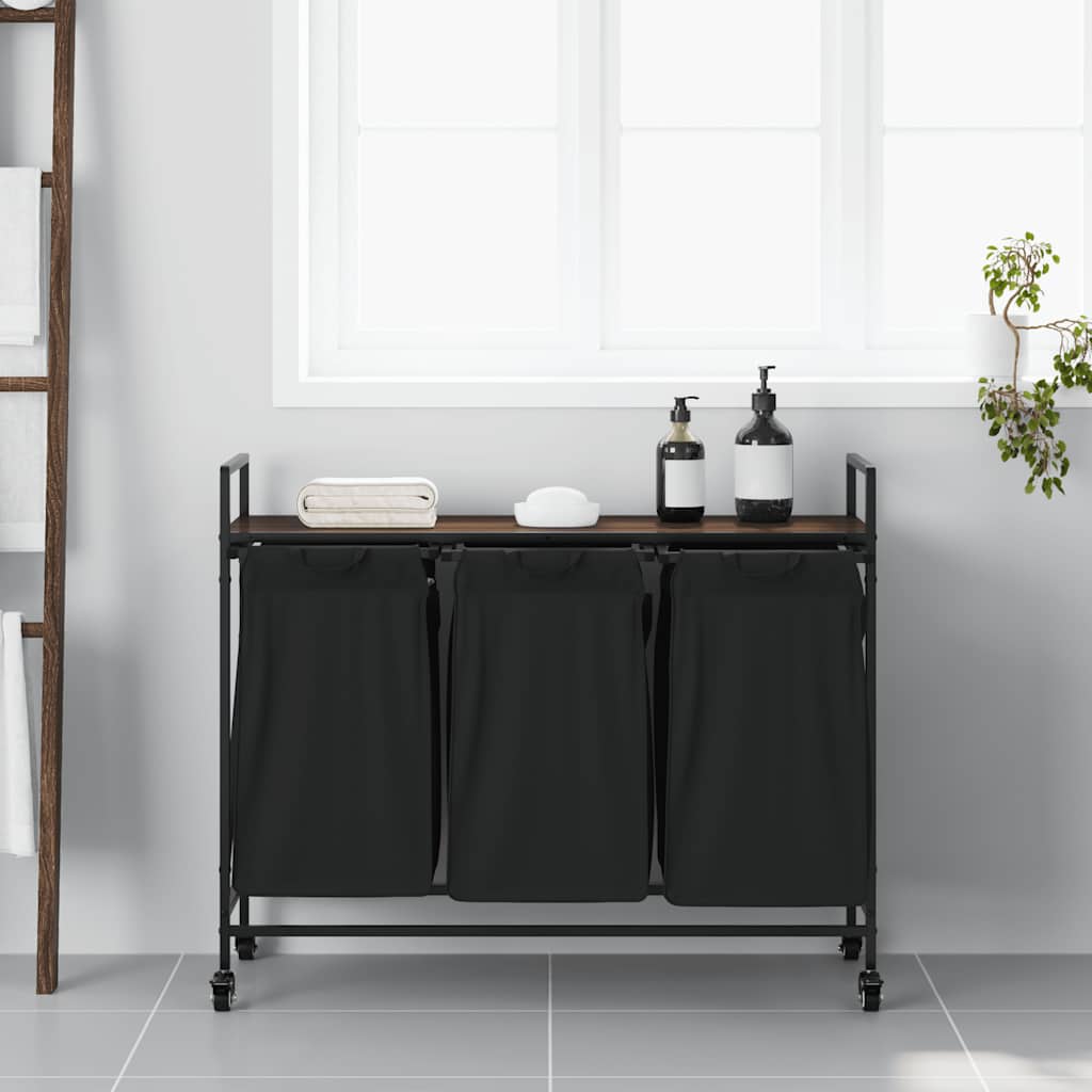 Laundry Basket with 3 Compartments and Wheels, Brown Oak