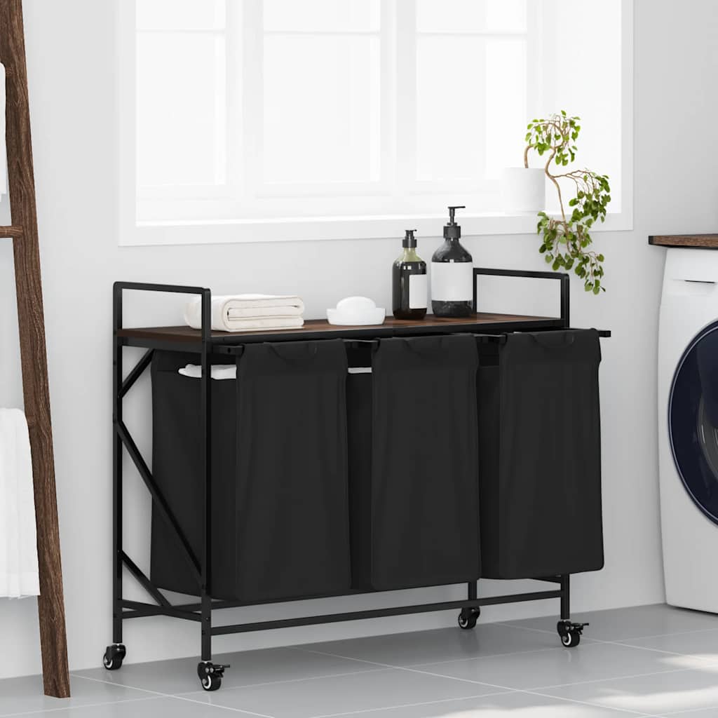 Laundry Basket with 3 Compartments and Wheels, Brown Oak