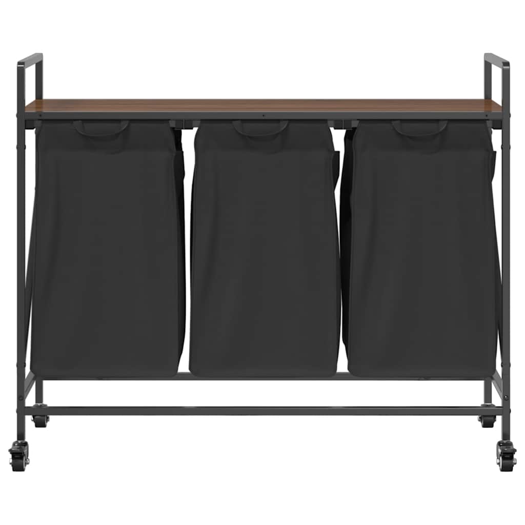 Laundry Basket with 3 Compartments and Wheels, Brown Oak