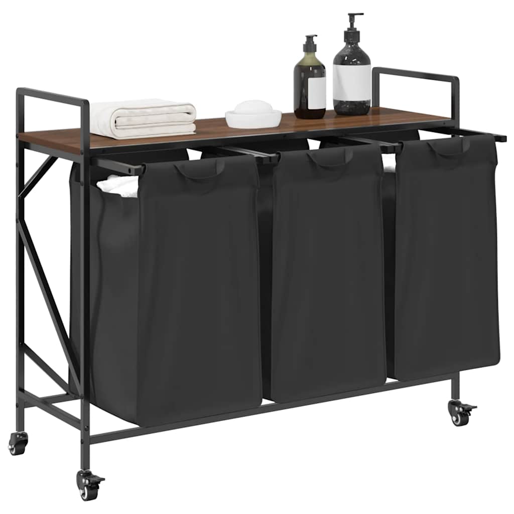 Laundry Basket with 3 Compartments and Wheels, Brown Oak