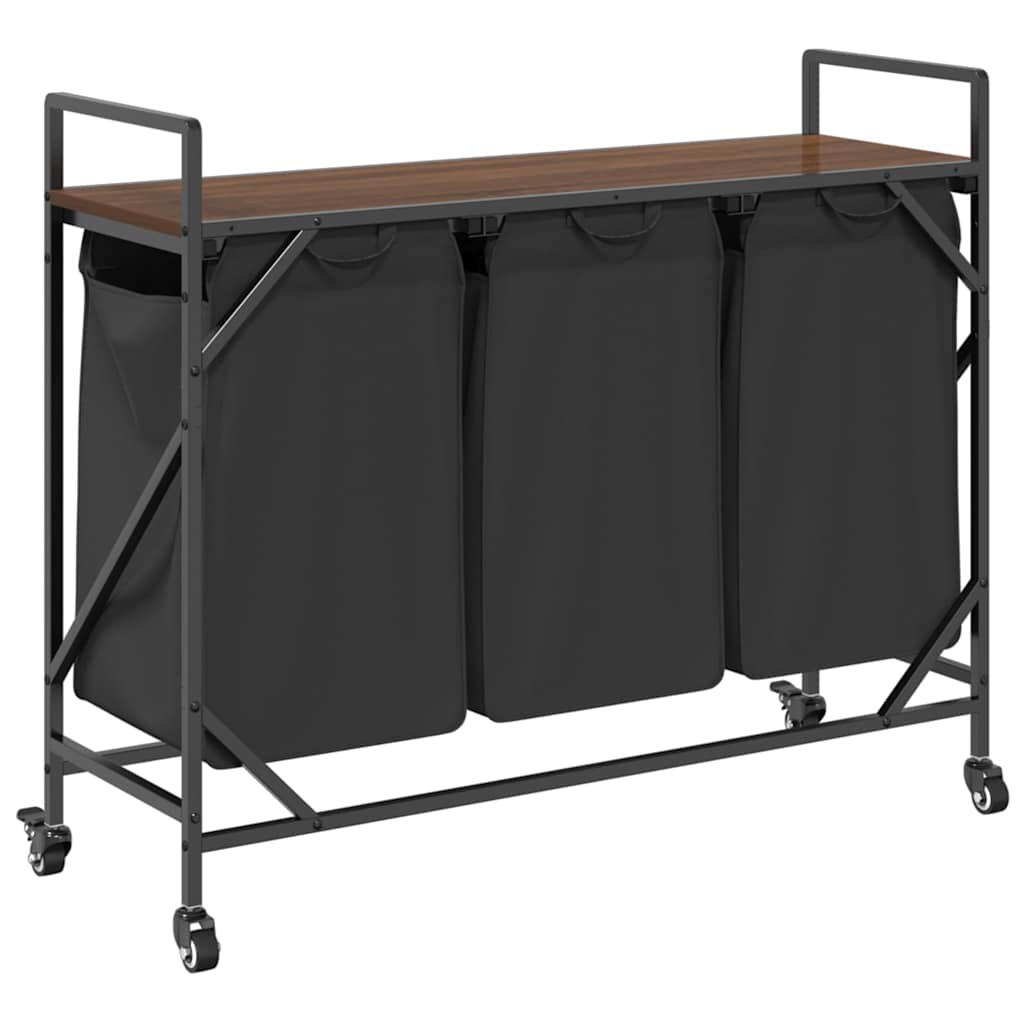Laundry Basket with 3 Compartments and Wheels, Brown Oak