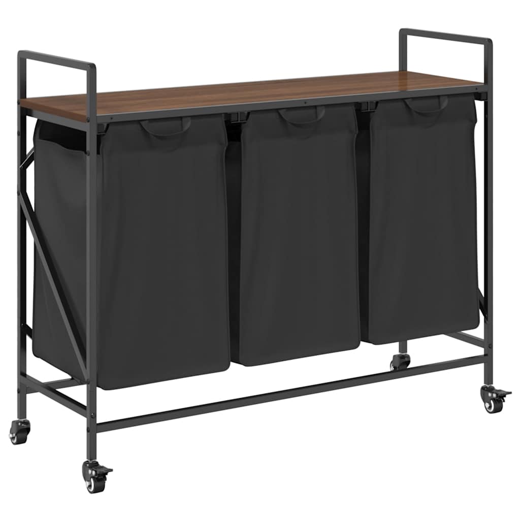 Laundry Basket with 3 Compartments and Wheels, Brown Oak