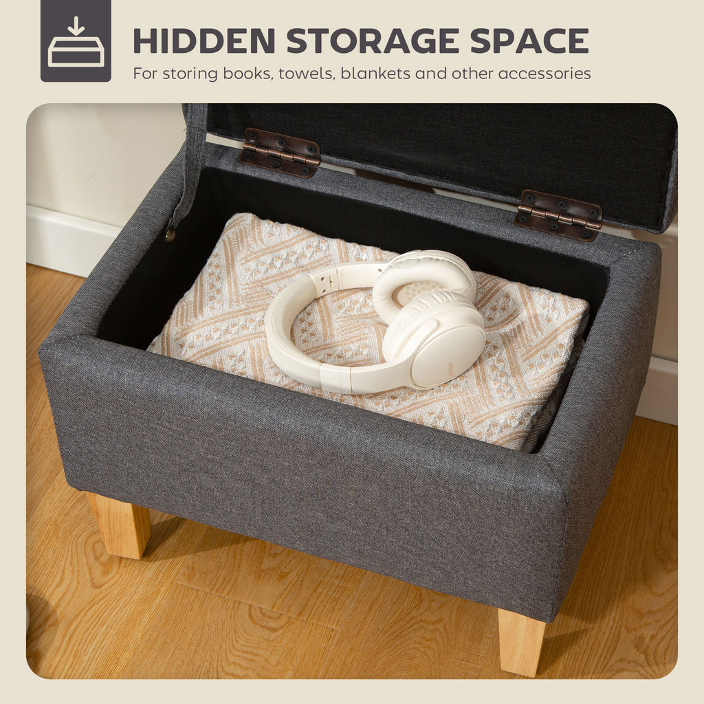 16L Linen Storage Ottoman Padded Footstool With Rubberwood Legs For Storage Box, Bed End, Shoe Bench, Seating, Charcoal Grey